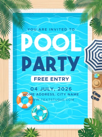 Pool Party Invitation Flyer Template with Swimming Pool, Floating Rings and Tropical Palm Leaf Decorations