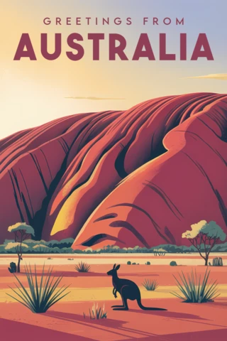 Plantilla de diseño vintage de Australia para postales con canguro y paisaje de Uluru.