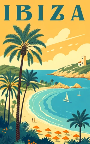 Retro Flat Ibiza Beach Design Template for Travel Posters