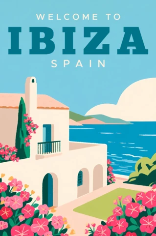 Vintage Ibiza Travel Poster Design Template with Floral Elements for Wall Art