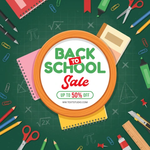 Back to School Sale Sign with Colorful School Supplies and Stationery On a Green Chalkboard Background