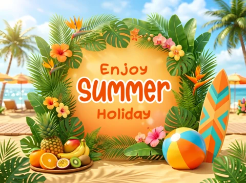 Tropical Summer Holiday Greeting Card with Beach, Surfboard and Exotic Fruits