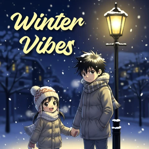 Template de design de anime com vibrações de inverno para cartões de saudação