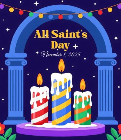 Striped Candles On Purple Platform with Blue Arch & Floral Accents Template for All Saint's Day Greeting Card Design