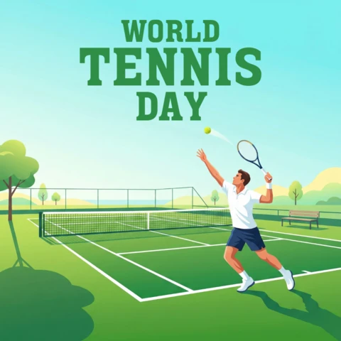World Tennis Day Poster with Player, Racket, and Outdoor Sports Theme