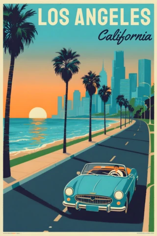 Vintage Los Angeles Travel Poster Design Template with Classic Car and Palm Trees