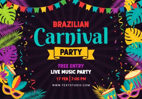 Brazilian Carnival Party Poster Dark Radial Background with Masks, Drums, Guitar, and Tropical Leaves