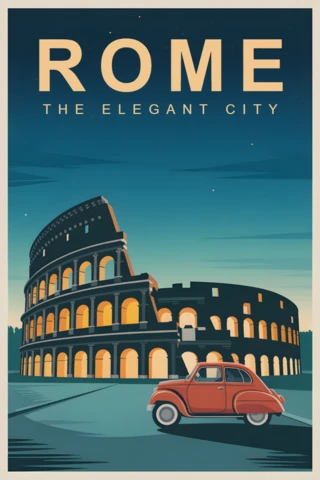 Retro reisposter ontwerp sjabloon met Rome en klassieke Fiat 500 auto