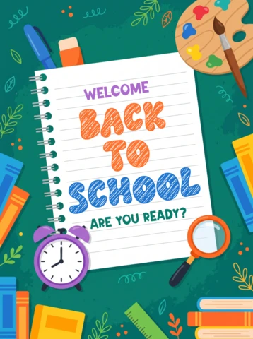 Welcome Back to School Poster Design with Colorful Stationery and Notebook On a Green Background