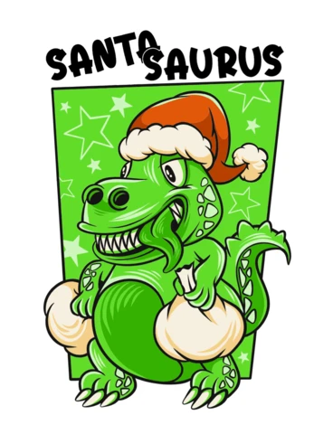 Santa Saurus Christmas Green Dinosaur with Gifts & Santa Hat T-Shirt Design Template