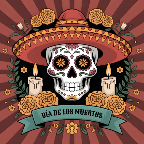 Colorful Día De Los Muertos Skull Design Template for Posters