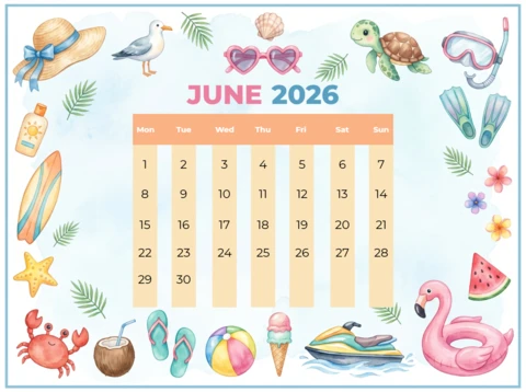 June 2026 Summer Calendar with Sun Hat, Surfboards, Flamingo Float, and Tropical Flowers