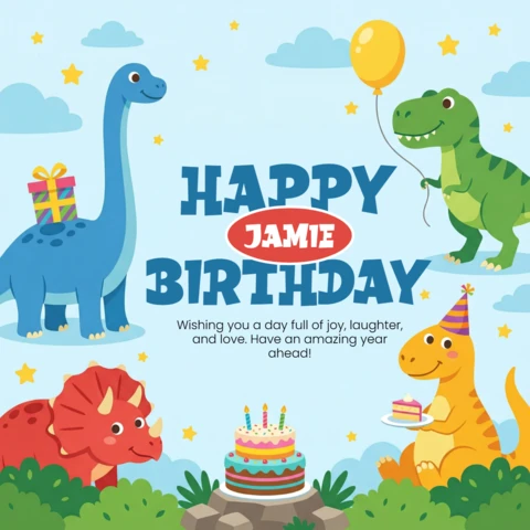 Feliz aniversário cartaz crianças festa de dinossauros com dinossauros azuis, verdes, vermelhos e laranjas, balões, bolo e tema de celebração alegre.