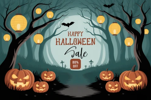 Template de design assustador de Halloween com abóboras e lanternas para panfletos promocionais