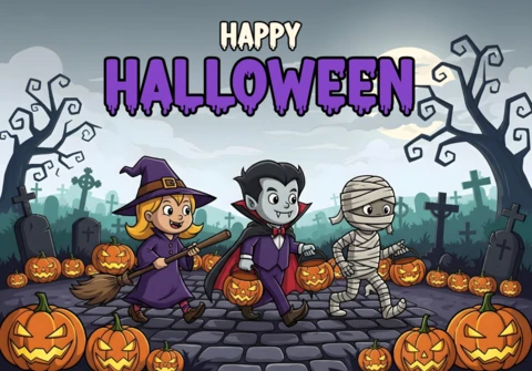 Halloween-Kinderillustration Trick or Treat-Szene mit nebligem Friedhof, leuchtenden Laternen und festlichen Kostümen Designvorlage für festliche Flyer