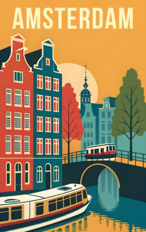Amsterdam Vintage Style Poster Design Template with Scenic Canal and Architecture