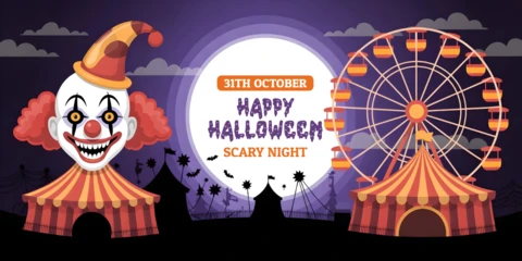 Halloween Feier gruselige Nacht Thema mit mondbeleuchtetem Jahrmarkt & unheimlichen Vibes Facebook Cover Design Vorlage