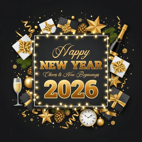 Black Background with Glowing Lights, Champagne, Gifts, and Countdown Clock Happy New Year 2026 Card