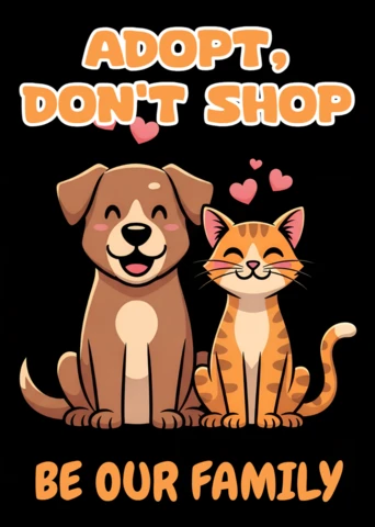 かわいい犬と猫のグラフィックを使ったペットの里親募集ポスター用の「買わずに引き取ろう」デザインテンプレート