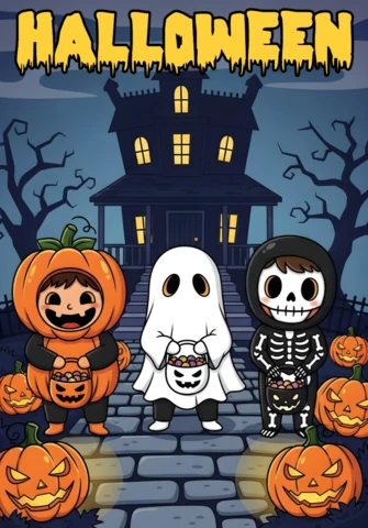 Korkutucu cadılar bayramı davetiyesi, kostümlü çocuklar ve jack-o'-lantern iz tasarımı ile festivaller için broşür şablonu