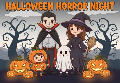 Illustration de Halloween avec un vampire, une sorcière, un fantôme et une citrouille, des arbres tordus et un ciel nocturne, modèle de design pour des flyers festifs.