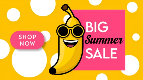 Divertida plantilla de diseño de venta de verano con un juguetón personaje de plátano