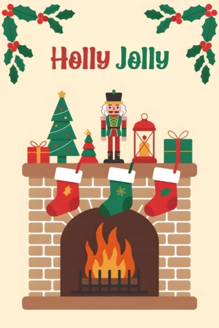 Holly Jolly Christmas Card Fireplace Mantle with Nutcracker, Lantern, Tree, and Festive Presents