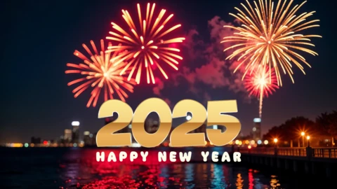 Feu d'artifice nocturne sur la ville bonne année 2025 modèle de carte