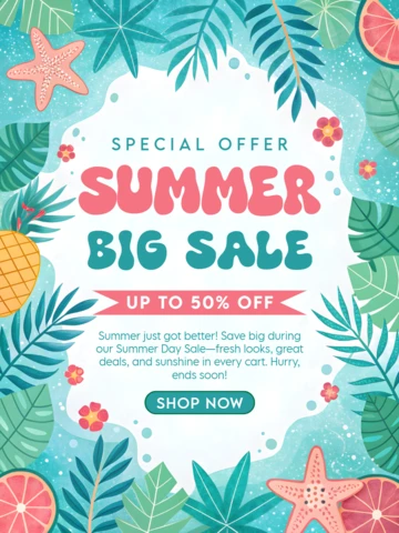 Vibrant Summer Sale Template Design with Tropical Elements - Editable Promotional Graphic