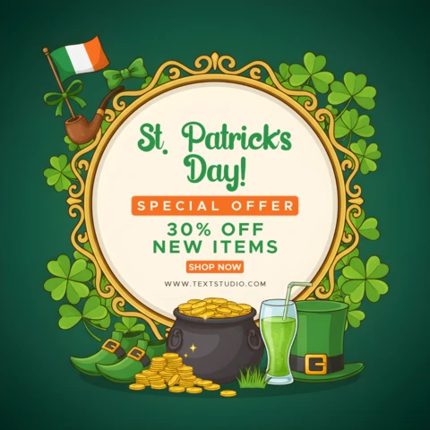 Saint Patrick’s Day Advertising Poster Design Template with Shamrocks, Leprechaun Hat, and Festive Circular Frame