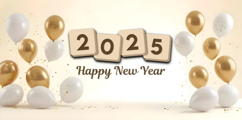 Szablon świątecznego białego i złotego balonu szczęśliwego nowego roku 2025