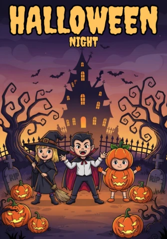 Cadılar Bayramı davetiyesi çizgi film çocukları kostümler içinde mezar taşları ve jack-o'-lanternlar ile tasarım şablonu için festivaller için broşürler