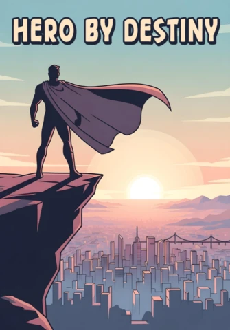 Héros par destin, super-héros surplombant le paysage urbain au coucher du soleil depuis une falaise, modèle de design d'affiche.