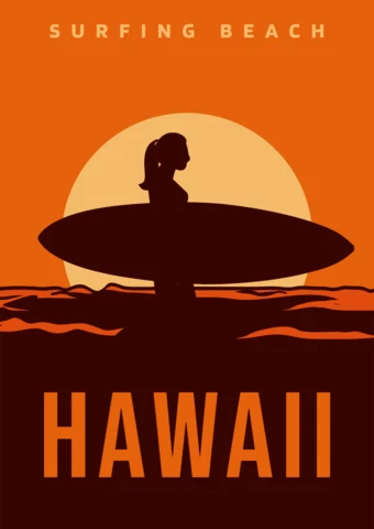 Surfing Beach Hawaii Poster Design Template