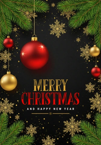 Christmas & New Year Card Elegant Black Background with Gold Snowflakes & Red Baubles