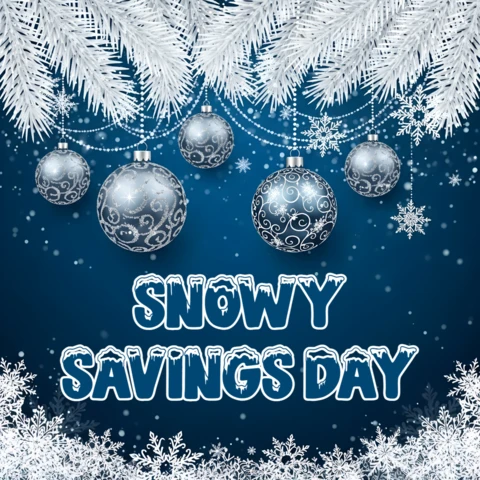 Snowy Savings Day Holiday Design Template with Festive Ornaments for Promotional Flyers