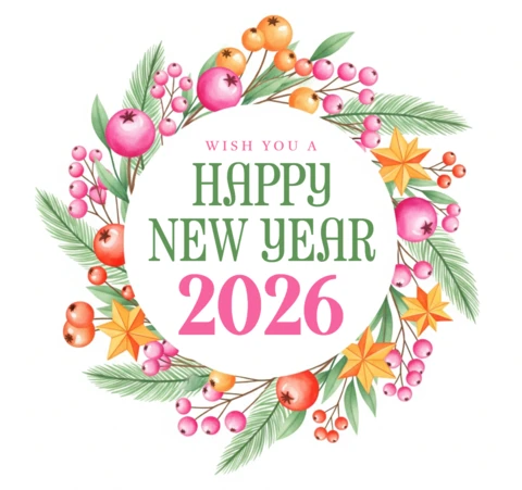 Neujahrswünsche Vorlage 2026 Aquarelldesign mit festlichem Kranz und künstlerischem Feierflair
