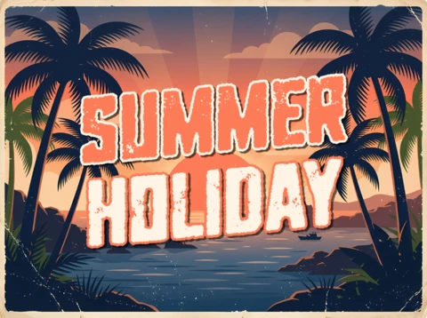 Retro Summer Holiday Greeting Card with Tropical Palm Trees and Coastal Sunset View