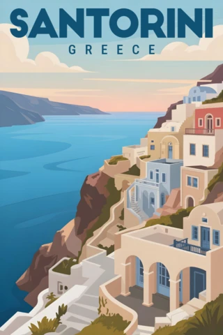 Edificios blanqueados con cúpulas azules que miran al mar Egeo, plantilla de diseño de carteles de viaje a Santorini.