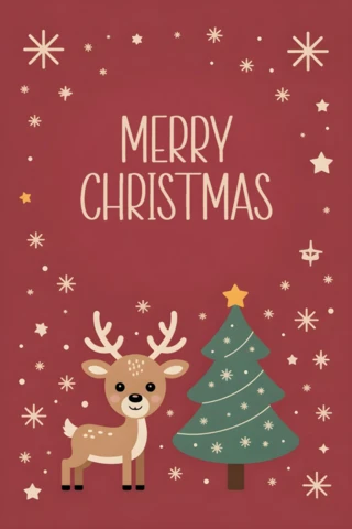 Tarjeta de Navidad feliz, reno lindo con árbol y estrella rodeado de copos de nieve y brillo festivo.