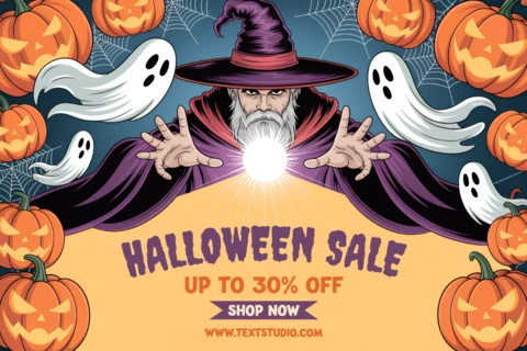 Design del template per volanti della vendita di Halloween di un mago anime spettrale