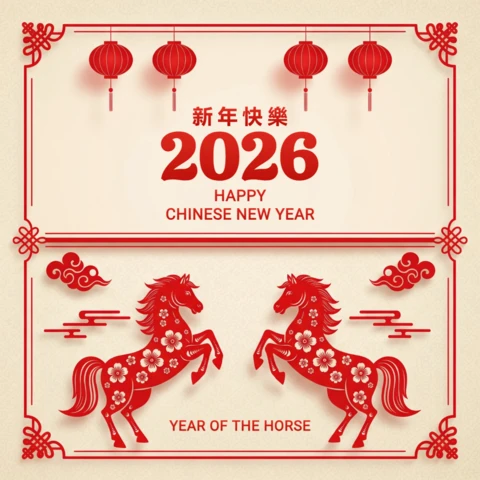 Chinese New Year 2026 Poster Year of The Horse with Floral Red Horses and Lanterns