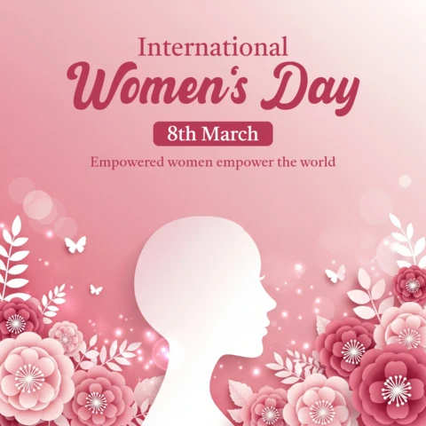 Diseño de cartel del día internacional de la mujer con silueta de mujer, decoraciones florales y fondo degradado en rosa.