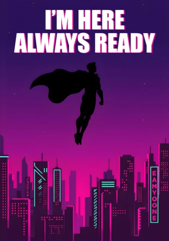 Siempre listo volando superhéroe sobre vibrante paisaje urbano rosa-púrpura plantilla de diseño de cartel