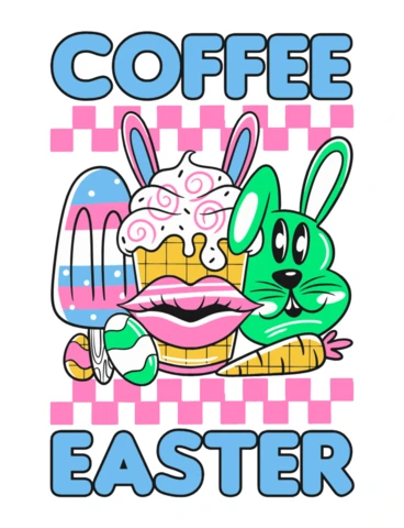 Coffee & Easter Bunny with Carrot, Popsicle & Decorated Eggs T-Shirt Design Template