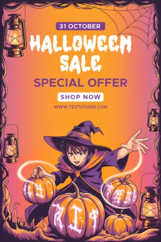 Editable Halloween Sale Flyer Template with Whimsical Witch Design and Pumpkin Elements