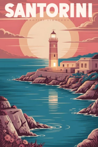 Akrotiri feneri gün batımında, kayalık manzarası ve parlayan deniz ile Santorini seyahat posterleri tasarım şablonu.