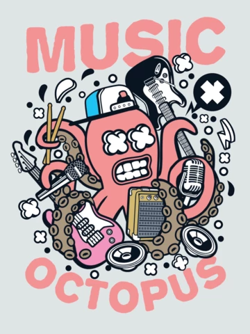 Music Octopus Cartoon Character T-Shirt Design Template