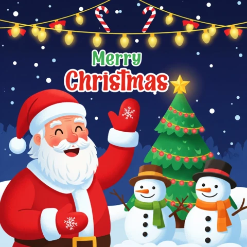 Tarjeta de saludo navideño con Santa y muñecos de nieve, árbol decorado, bastones de caramelo y luces en un diseño de cartel de escena nevada.