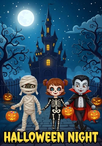 Modèle d'invitation d'Halloween effrayant avec des enfants momies, squelettes et vampires dans un design de scène forestière gothique pour des flyers festifs.